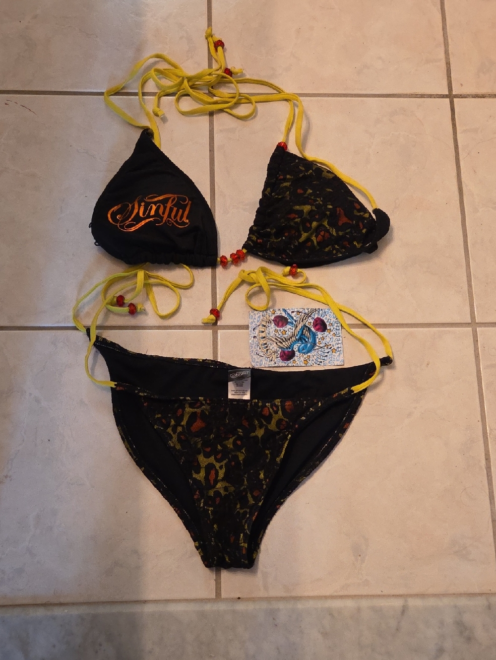 Sinful Affliction Black Lace Bikini  Yellow Ties and Multicolor Accent